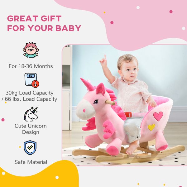 HOMCOM Rocking Horse Plush Ride on Unicorn with Songs, Seat Belt, Pink - Image 4