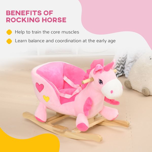 HOMCOM Rocking Horse Plush Ride on Unicorn with Songs, Seat Belt, Pink - Image 6