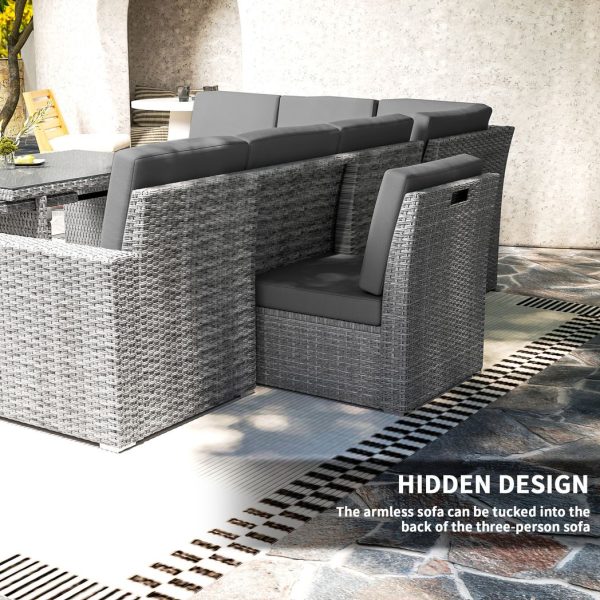 Outsunny 10-Seater Sofa Sectional w/ Cushioned Seat, Footstools and Glass Table - Image 4