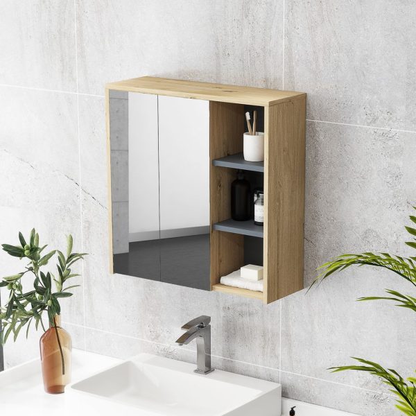 HOMCOM Bathroom Cabinet Wall Mounted Mirror Storage with Shelves Natural - Image 8