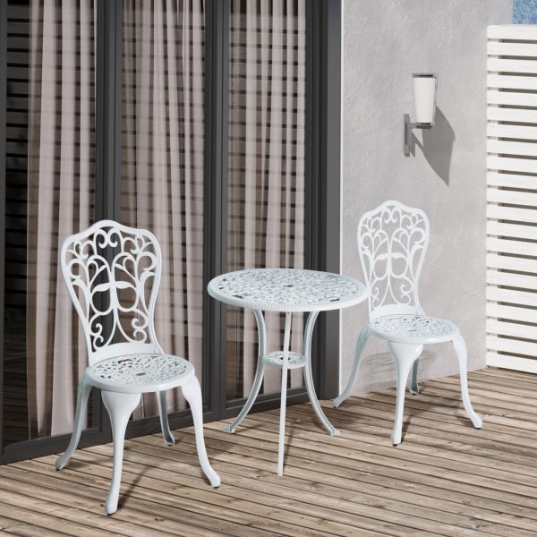 Outsunny 3 Pieces Antique Garden Bistro Set for 2 with Umbrella Hole, White - Image 2