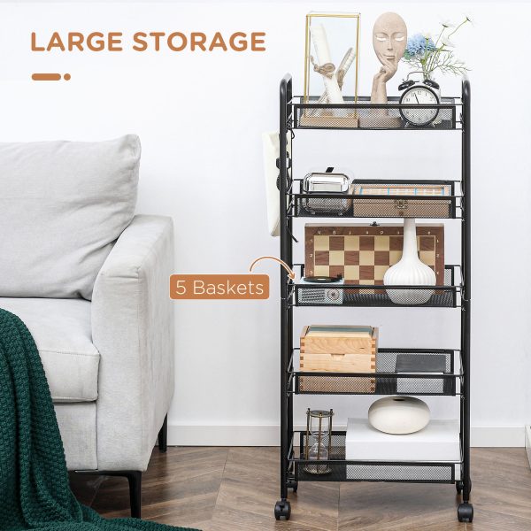 HOMCOM 5 Tier Utility Rolling Cart with Removable Mesh Baskets, Black - Image 3