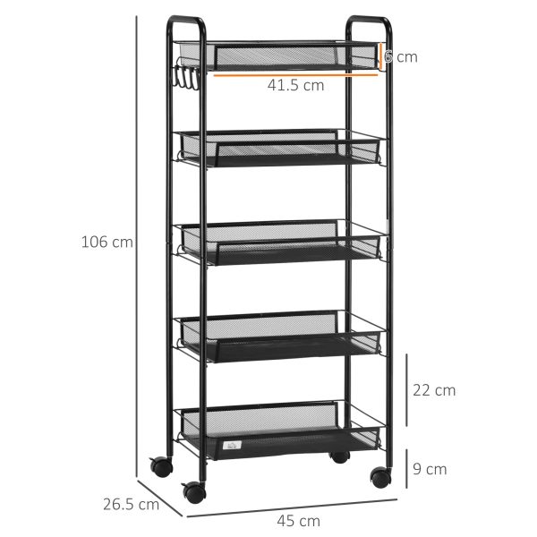 HOMCOM 5 Tier Utility Rolling Cart with Removable Mesh Baskets, Black - Image 5