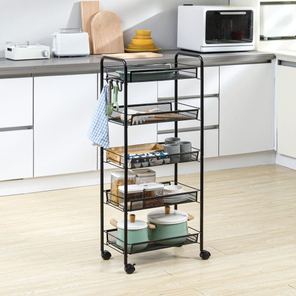 HOMCOM 5 Tier Utility Rolling Cart with Removable Mesh Baskets, Black - Image 2