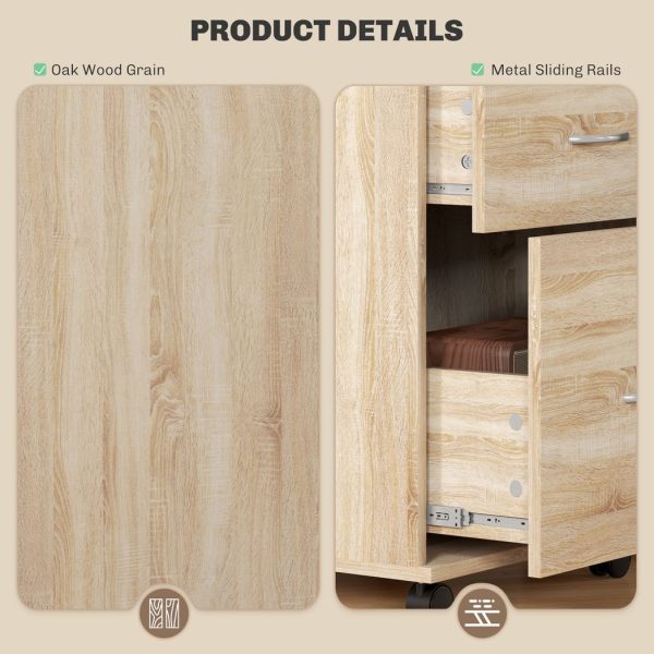 HOMCOM Pedestal Office Mobile Filing Cabinet 2 Drawer Wooden Storage Oak - Image 6