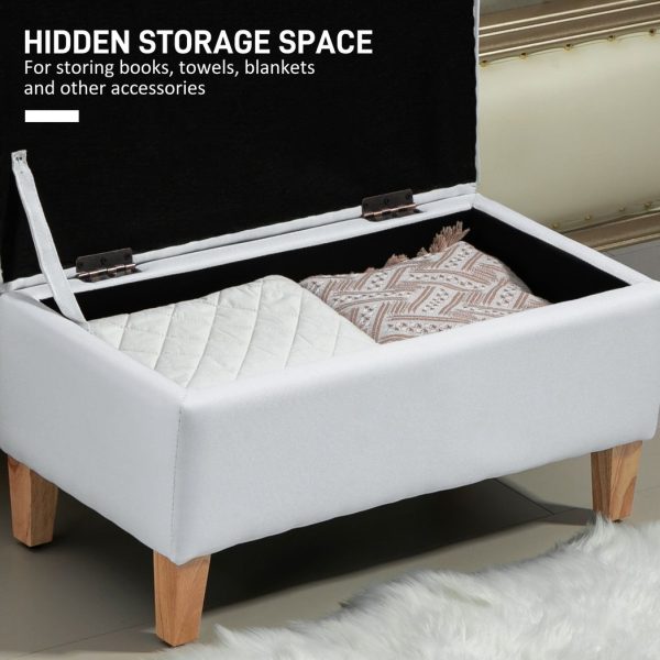 HOMCOM Linen Storage Ottoman Storage Box Footstool with Rubberwood Legs Cream - Image 3