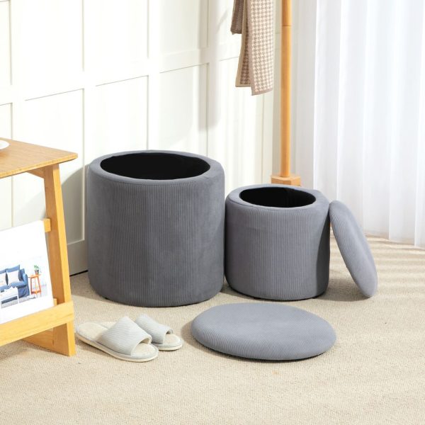 HOMCOM Fabric Storage Ottoman with Removable Lid, Set of 2, Light Grey - Image 2
