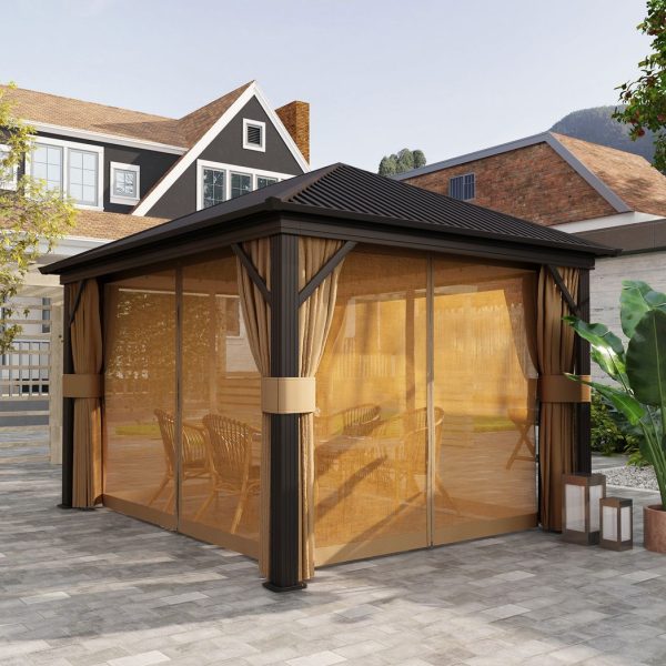 Outsunny 3.6 x 3(m) Metal Garden Hardtop Gazebo with Screened Curtain Brown - Image 8