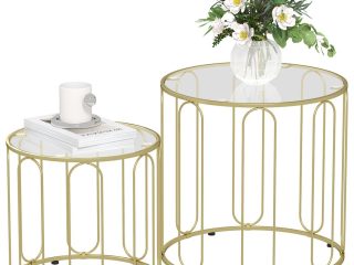 HOMCOM Coffee Table Set of 2, Nest of Tables with Metal Frame, Gold Tone