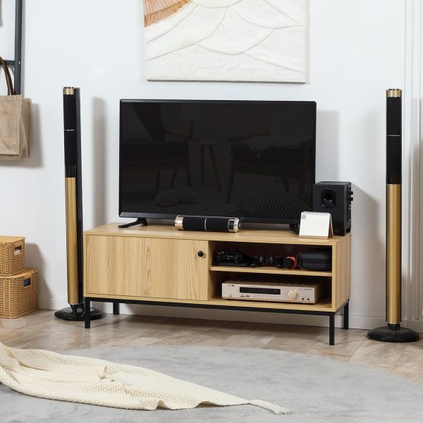 HOMCOM TV Stand Cabinet with Sliding Door for Living Room Natural - Image 2