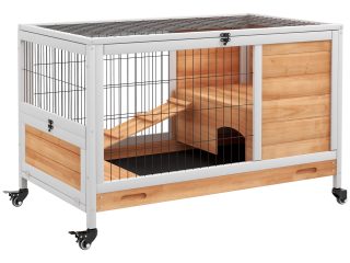 PawHut Wood Indoor Rabbit Hutch 2-Floor Design w/ Wheels, Yellow
