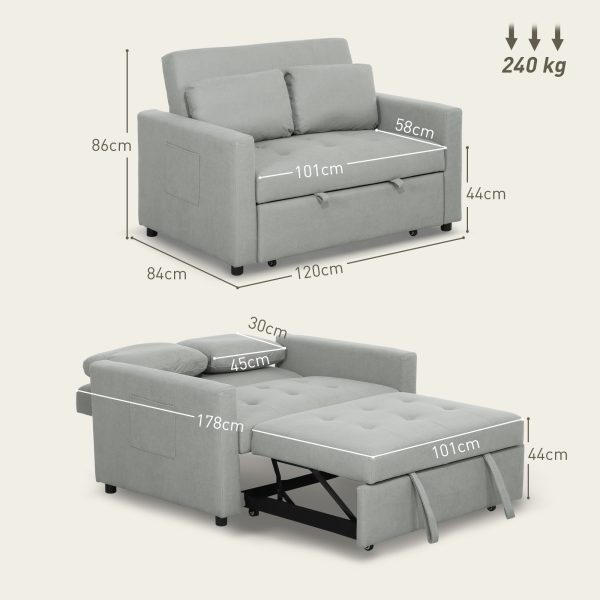 HOMCOM 2 Seater Sofa Bed Convertible Bed Settee with Cushions, Pockets, Grey - Image 5