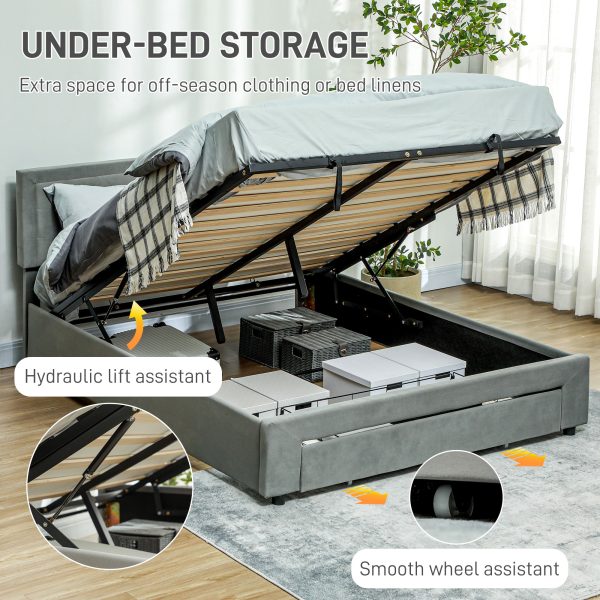 HOMCOM Double Bed Frame with Storage and Adjustable Velvet Headboard - Image 3