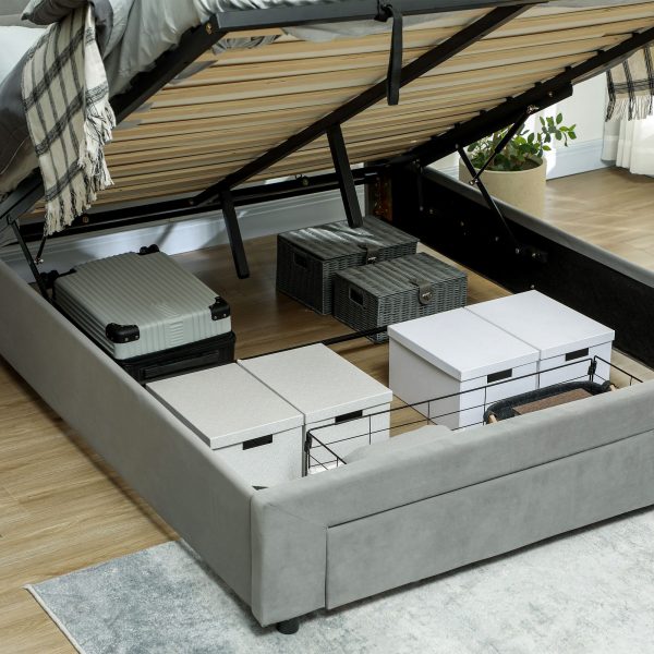 HOMCOM Double Bed Frame with Storage and Adjustable Velvet Headboard - Image 6