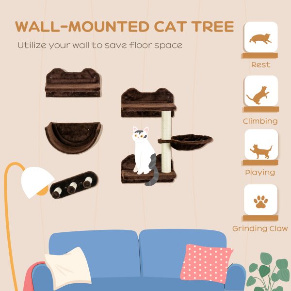 PawHut 4PCs Wall Mounted Cat Tree Cat Wall Shelves W/ Scratching Post - Image 3