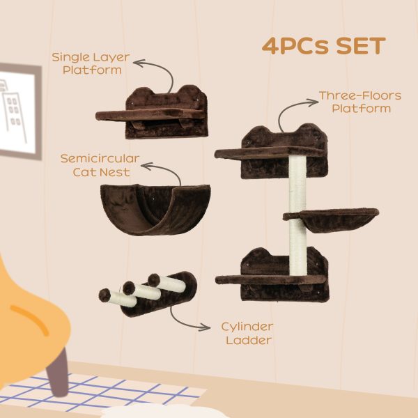 PawHut 4PCs Wall Mounted Cat Tree Cat Wall Shelves W/ Scratching Post - Image 4