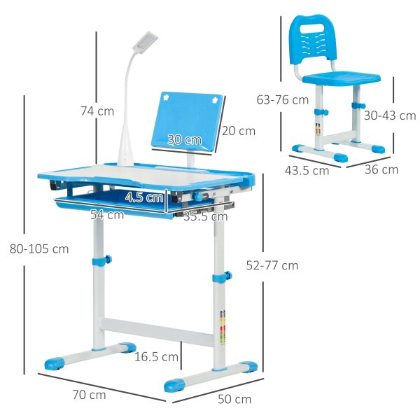 HOMCOM Kids Study Desk and Chair Set w/ USB Lamp, Adjustable Height, Blue - Image 5