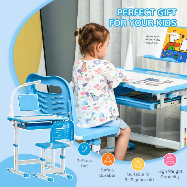 HOMCOM Kids Study Desk and Chair Set w/ USB Lamp, Adjustable Height, Blue - Image 6