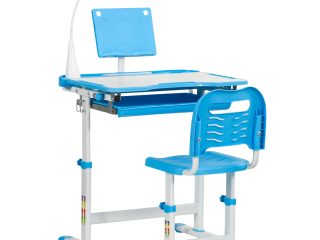 HOMCOM Kids Study Desk and Chair Set w/ USB Lamp, Adjustable Height, Blue