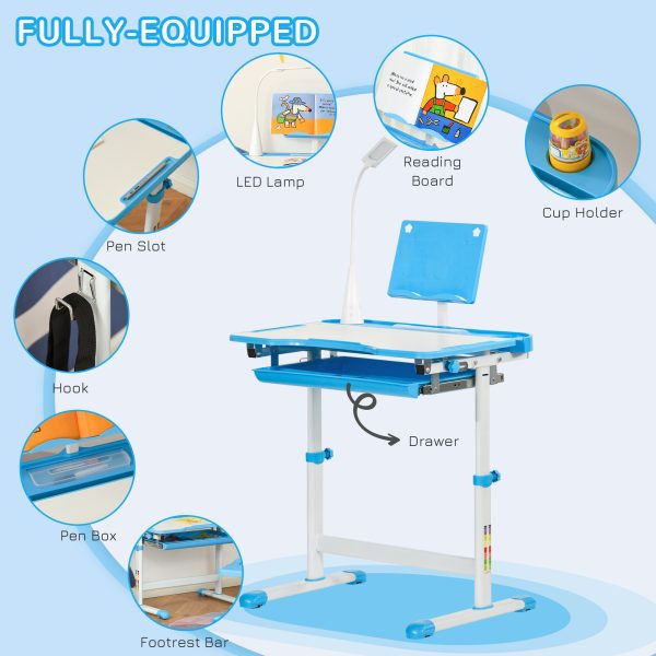 HOMCOM Kids Study Desk and Chair Set w/ USB Lamp, Adjustable Height, Blue - Image 7