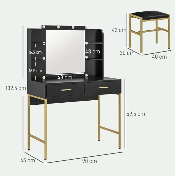 HOMCOM Makeup Vanity Desk Set with Lighted Mirror, Stool, Drawers - Image 5