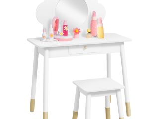 AIYAPLAY Kids Dressing Table with Mirror and Stool, Drawer, Cloud Design