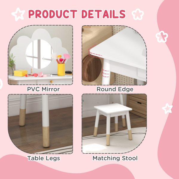 AIYAPLAY Kids Dressing Table with Mirror and Stool, Drawer, Cloud Design - Image 6