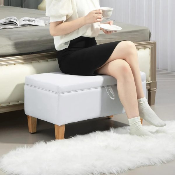 HOMCOM Linen Storage Ottoman Storage Box Footstool with Rubberwood Legs Cream - Image 7