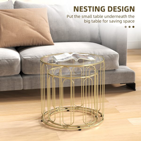 HOMCOM Coffee Table Set of 2, Nest of Tables with Metal Frame, Gold Tone - Image 3