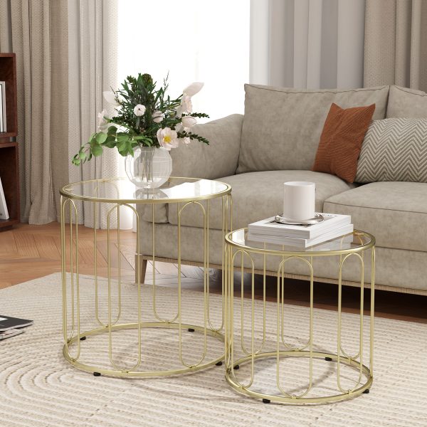 HOMCOM Coffee Table Set of 2, Nest of Tables with Metal Frame, Gold Tone - Image 2