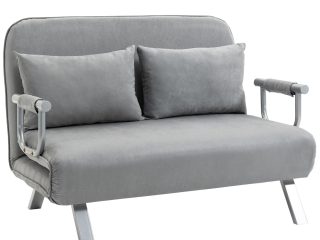 HOMCOM Fabric Convertible 2 Seater Sofa Bed w/ 2 Pillows, Light Grey
