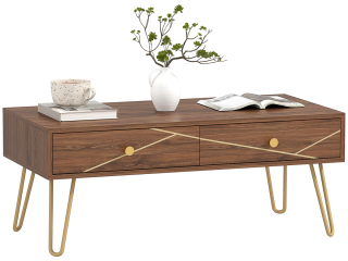 HOMCOM Coffee Table with Drawers, Living Room Table with Steel Base
