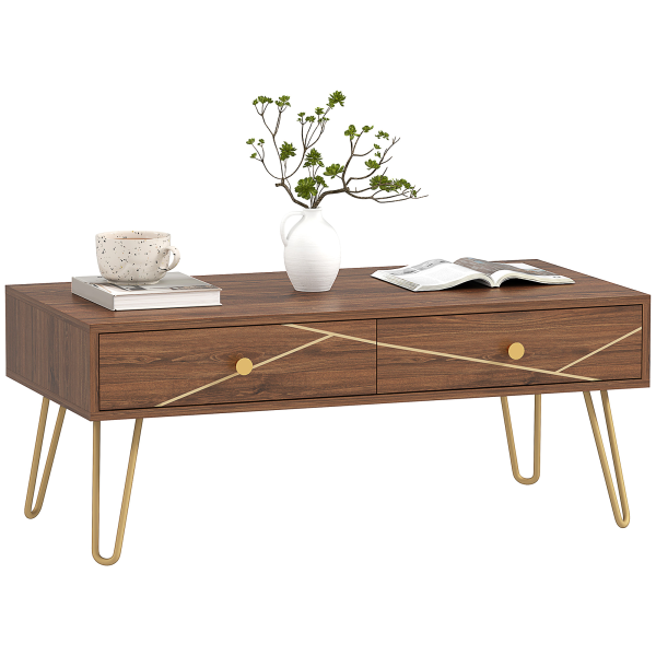 HOMCOM Coffee Table with Drawers, Living Room Table with Steel Base