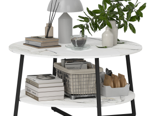HOMCOM Round Coffee Table with Storage Shelf and Marble Effect Top, White