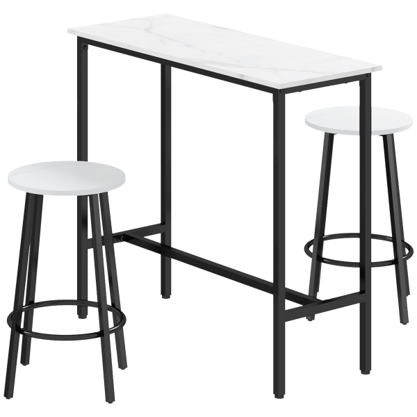 HOMCOM 3 Piece Bar Table Set for 2 with Stools Steel Frame Footrest White