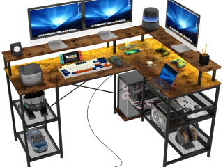 HOMCOM L Shaped Gaming Desk w/ LED Lights and Power Outlets for Small Space