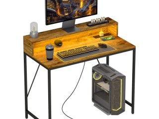 HOMCOM Computer Desk with LED Lights, Study Table with Shelf, Rustic Brown