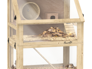 PawHut Wooden Hamster Cage w/ Detachable Bottom, Hut, Seesaw, 60 x 40 x 75cm