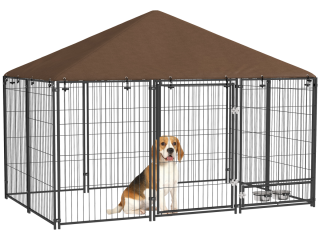 PawHut Outdoor Dog House Kennel with Canopy Top & Lock Rotating Bowl Holder