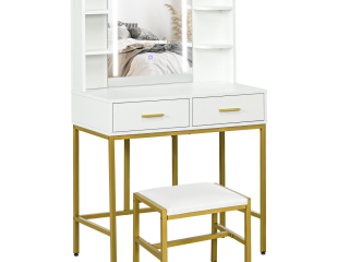 HOMCOM Makeup Vanity Desk Set with Lighting Mirror, Stool, Drawers, White