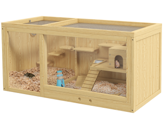 PawHut Wooden Hamster Cage with Water Bottle, Platforms, Openable Roof