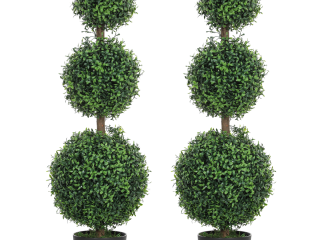 HOMCOM Set of 2 Decorative Artificial Plants Boxwood Trees in Pot, Green