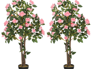 HOMCOM Set of 2 Decorative Artificial Plants Rose Trees in Pot, Pink