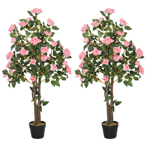 HOMCOM Set of 2 Decorative Artificial Plants Rose Trees in Pot, Pink