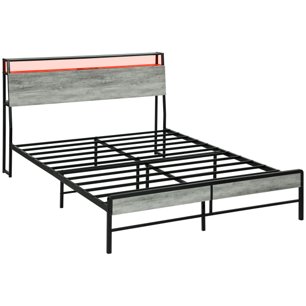 HOMCOM LED King Bed Frame with Charging Station, 150 x 200cm, Cement Grey