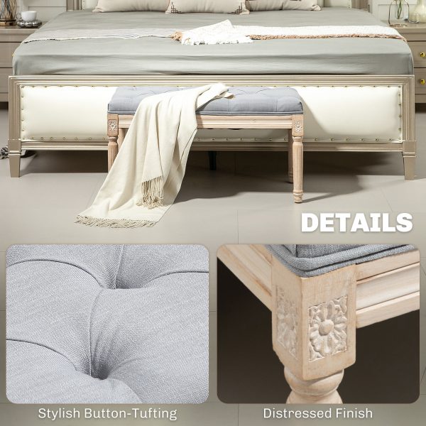 HOMCOM End of Bed Bench Tufted Upholstered Foot Stool, Light Grey - Image 3