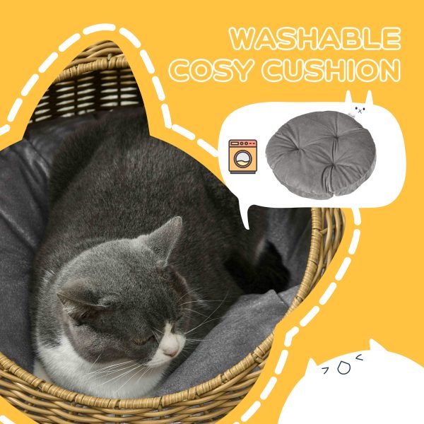 PawHut Wicker Cat House with Washable Cushion for Indoor Cats, Light Brown - Image 3