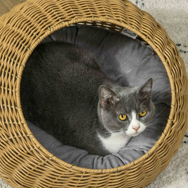 PawHut Wicker Cat House with Washable Cushion for Indoor Cats, Light Brown - Image 7