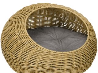 PawHut Wicker Cat House with Washable Cushion for Indoor Cats, Light Brown