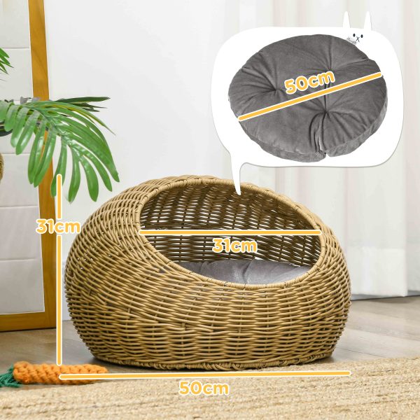 PawHut Wicker Cat House with Washable Cushion for Indoor Cats, Light Brown - Image 5